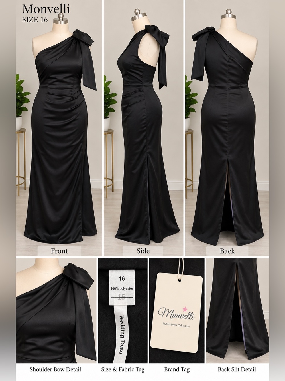 One-Shoulder Black Satin Evening Gown